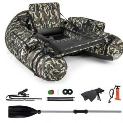 Bateau de Pêche Gonflable avec Dossier Support de Canne Poches de Rangement Palmes Pompe Camouflage