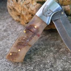Beau Couteau Damas Lame Clip Point 128 Couches Manche Bélier Mitres Poisson Linerlock Fab Artisanat