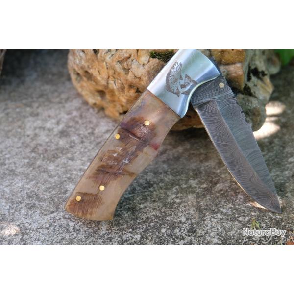 Beau Couteau Damas Lame Clip Point 128 Couches Manche Blier Mitres Poisson Linerlock Fab Artisanat