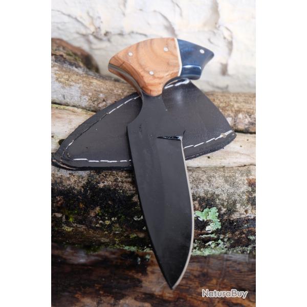 Push Dagger Lame Acier Carbone 1055 black Manche Bois Etui CUir Fabric Artisanale