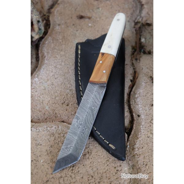 Mini Katana Couteau Tanto Damas Lame 256 Couches Manche Bois & Os Fabric Artisanale Etui Cuir