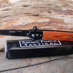 Stiletto Couteau Automatique Mafia Parrain Lame Acier 440C Manche Bois Double Sécurité Clip