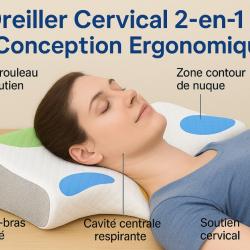 Oreiller Cervical Ergonomique Mousse Mémoire Forme 60x30 cm Anti-ronflement Soutien Nuque Camping