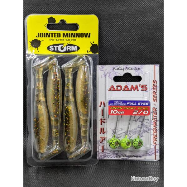 Lot pche/ STORM jointes minnow + TTE PLOMBE ADAM'S 10 gr , 2/0.