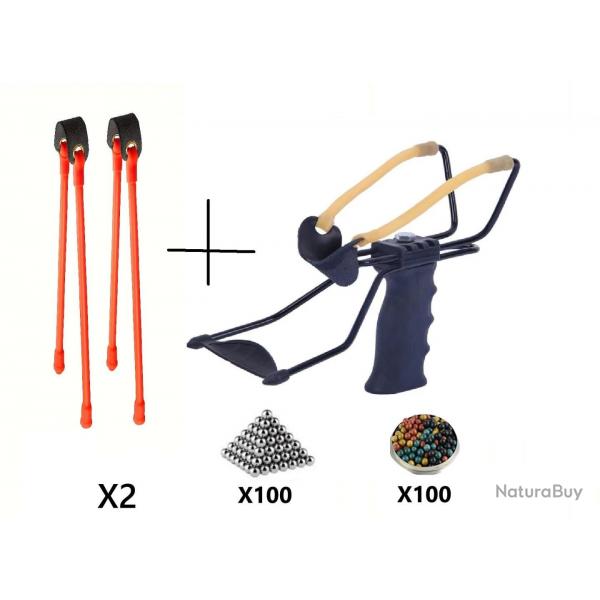 Pack Fronde de chasse / lance pierre noir avec support poigne et deux elastiques de rechange