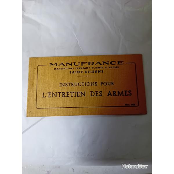 Ancien Petit livret  de chez MANUFRANCE pour l'entretien des Armes