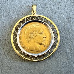Pendentif ancien en or massif 18 carats avec véritable pièce de 20 francs or (Louis d'or)