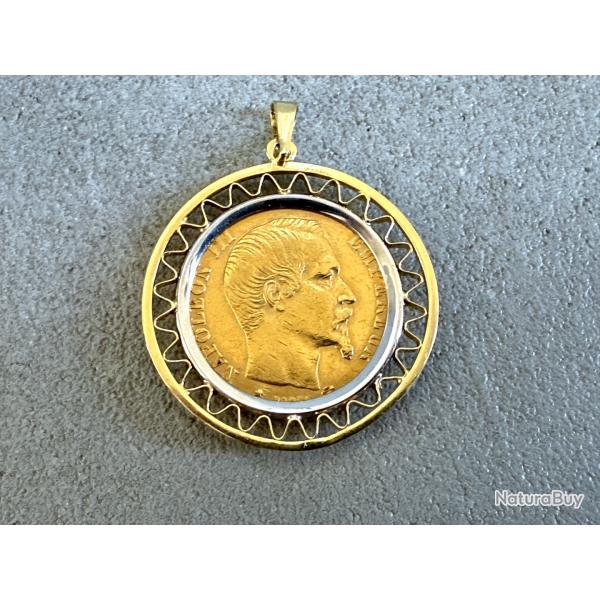 Pendentif ancien en or massif 18 carats avec vritable pice de 20 francs or (Louis d'or)
