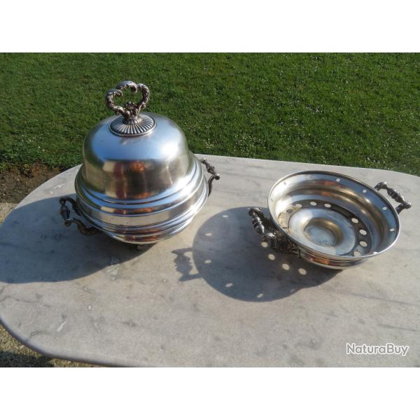 Ancienne paire de chauffe plats en mtal Argent avec cloche pour garder les plats chauds - (XIX)