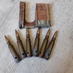 1946 : Lot de 6 Munitions neutralisées + lame chargeur pour Rubin Schmidt 7,5 suisse
