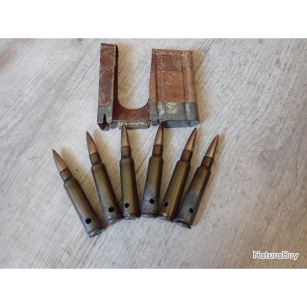 1946 : Lot de 6 Munitions neutralises + lame chargeur pour Rubin Schmidt 7,5 suisse