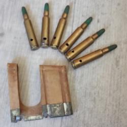 Lot de 6 Munitions tir réduit neutralisées + lame chargeur pour Rubin Schmidt 7,5 suisse Ogives bois