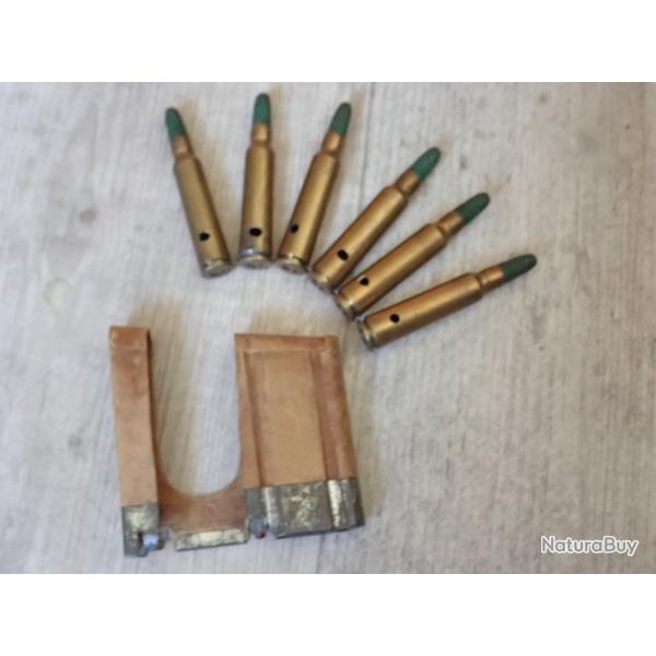 Lot de 6 Munitions tir rduit neutralises + lame chargeur pour Rubin Schmidt 7,5 suisse Ogives bois
