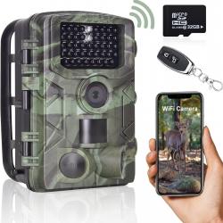 Caméra de Chasse WiFi App 24MP 1296P avec 120° Vision Nocturne IP65 Étanche Carte SD de 32 Go