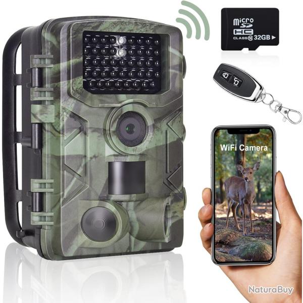 Camra de Chasse WiFi App 24MP 1296P avec 120 Vision Nocturne tanche IP65 Carte SD de 32 Go