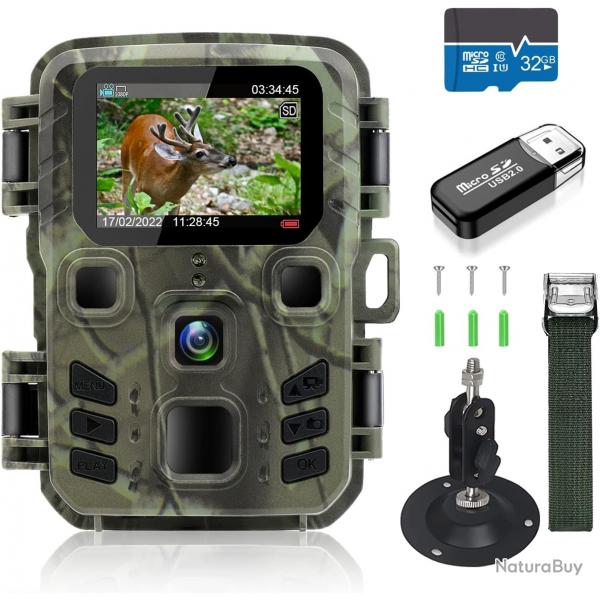 Camra de Chasse WiFi Bluetooth App 24MP 1296P avec 120 Vision Nocturne tanche IP65 Carte SD 32 Go