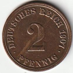 Pièce de Monnaie Allemagne 2 pfennig - Wilhelm II type 2 - grand aigle 1907 A  Recherchée