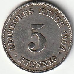 Pièce de Monnaie Allemagne 5 pfennig - Wilhelm II type 2 - grand aigle 1904 J