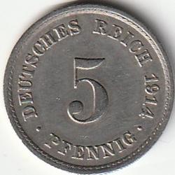 Pièce de Monnaie Allemagne 5 pfennig - Wilhelm II type 2 - grand aigle 1914 A