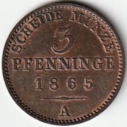 Pièce de Monnaie Allemagne 3 pfenninge - Wilhelm I 1865 A sup et recherchée
