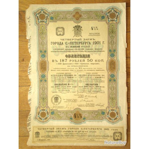 Russie Ville Saint Petersbourg Obligation 500 Francs 187.5 Roubles 4.5% 1901