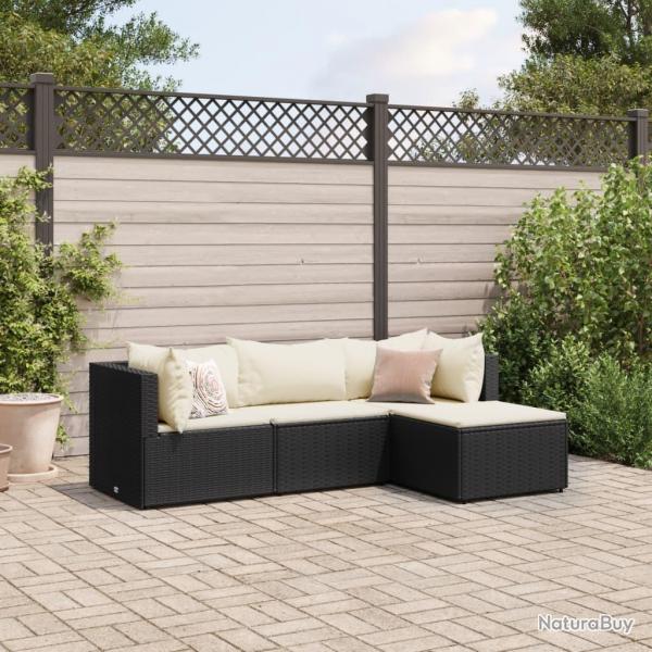 Salon de jardin 4 pcs avec coussins Noir Rsine tresse