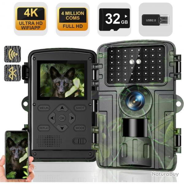 Camera Chasse WiFi 4K/60MP Full HD Vision Nocturne 120 Lecteur de Carte Carte SD 32 Go tanche IP66