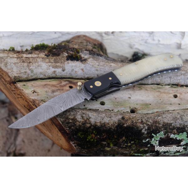 Beau Couteau Guillochage Lame Damas 128 Couches Manche Os/Micarta Cran Forc Fabric Artisanale