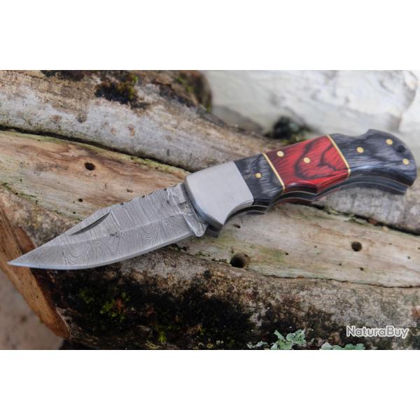 Couteau Lame Damas 128 Couches Style Buck 112 Manche Bois Fab Artisanale Lockback