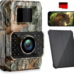 Caméra de Chasse Solaire WiFi 60MP 30FPS Vision Nocturne Batterie 2000mAh Carte SD32 Go Étanche IP66
