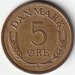 Pièce de Monnaie Danemark  5 Ore - Frederik IX 1965