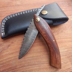 Joli Couteau Piémontais Artisanal Damas Manche en Bois avec Étui en cuir noir