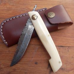 Couteau artisanal Piémontais Damas Manche en Rodhoide avec Étui en cuir