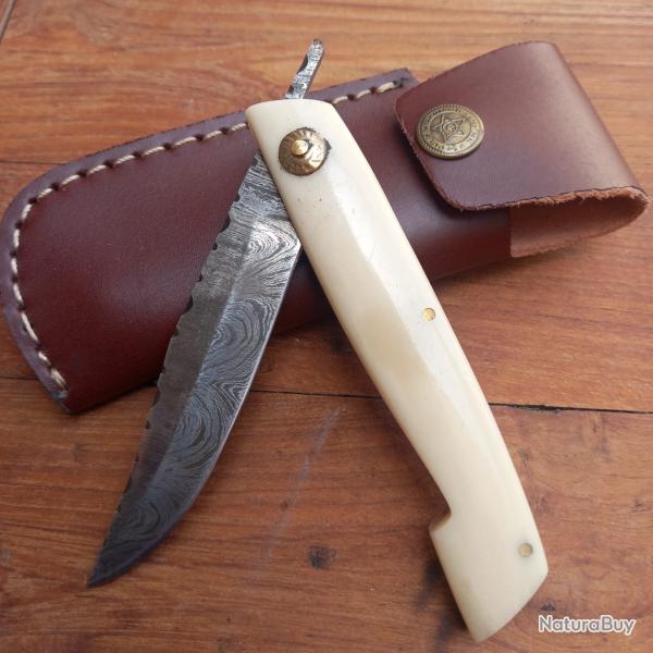 Couteau artisanal Pimontais Damas Manche en Rodhoide avec tui en cuir