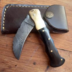 Solide Couteau Serpette Damas Manche en Corne avec Étui en cuir
