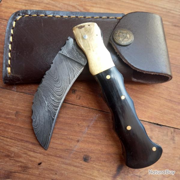Solide Couteau Serpette Damas Manche en Corne avec tui en cuir
