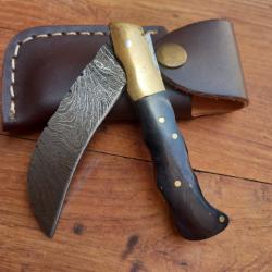 Couteau Serpette Damas Manche en Corne avec Étui en cuir