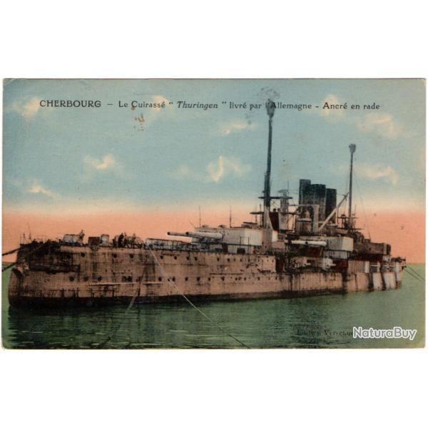 CPA -Marine Militaire-CHERBOURG - Le Cuirasse " Thuringen "livre par l'Allemagne Ancre en rade -N23
