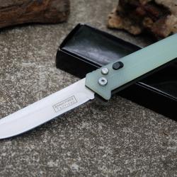 Couteau Automatique Tactical Urban Lame Trailing Point Acier 440 Manche G10 Jade Button Lock Clip