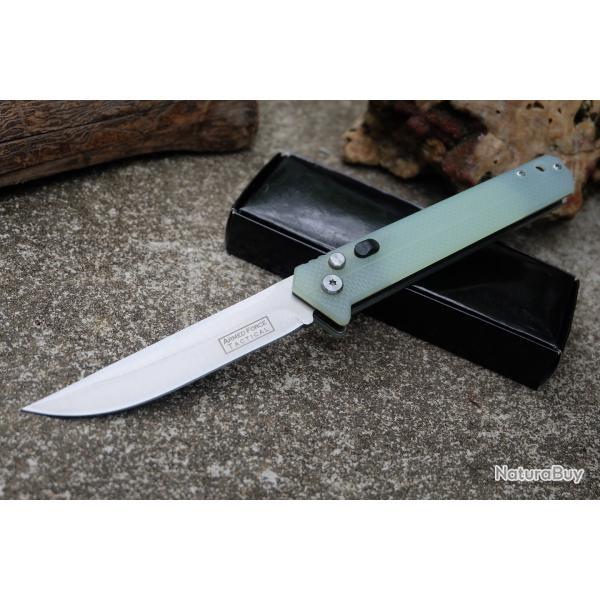 Couteau Automatique Tactical Urban Lame Trailing Point Acier 440 Manche G10 Jade Button Lock Clip