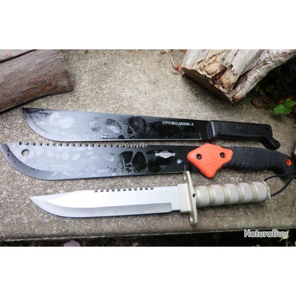 Lot de 3 Poignard Bowies Machette Lame Acier 3Cr13 Manche Cuir Etui LOT POUR REVENDEURS Survivaliste