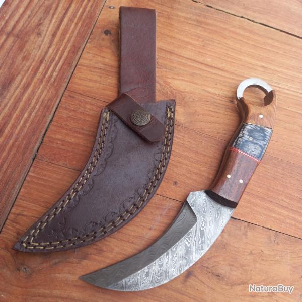 Solide Couteau KARAMBIT Damas Manche en Bois avec tui en cuir