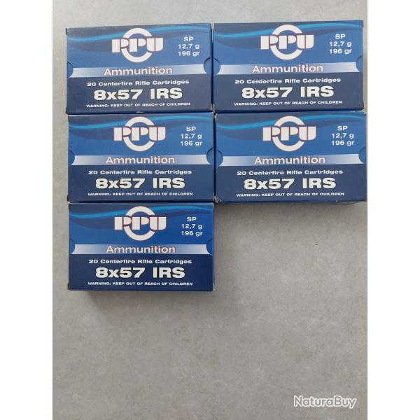 Lot 5 botes de 20 Cartouches neuves PPU 8x57 IRS
