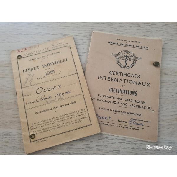 Livret militaire guerre Algrie Oran classe 1951 et livret vaccination arme de l'air