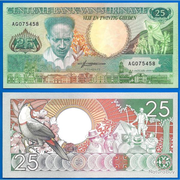 Suriname 25 Gulden 1988 NEUF Billet Oiseau Toucan