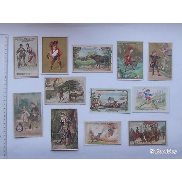 LOT 12 CHROMOS diffrents sur le thme de la CHASSE: HUMOUR Faucon Buffle Bison Loup A l'afft