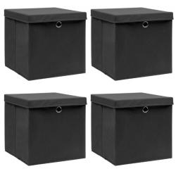 Boîtes de rangement noires en tissu 32x32x32 cm - Lot de 4 pliables avec couvercle