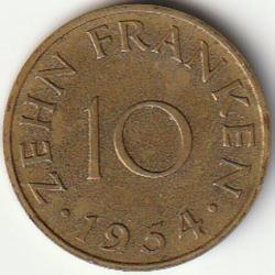 Pièce de Monnaie TERRITOIRE DE LA SARRE 10 Franken 1954 Protectorat français recherchée