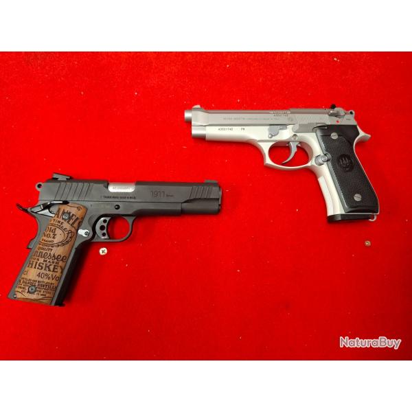 DUO /// BERETTA 92 FS INOX CAL. 9X19 + TAURUS PT1911 BLACK CAL. 9X19 + 50 BALLES 9X19 OFFERTES
