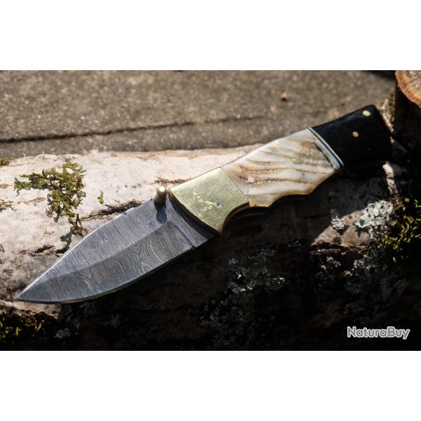 Beau Couteau Damas Lame Drop Point 128 Couches Manche Blier & Rsine Fabric Artisanale Linerlock
